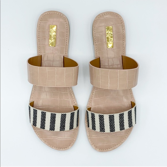 Chic Nude Knit Double Strap Sandals Black & White Stripes Casual Flat Slides - Picture 3 of 8